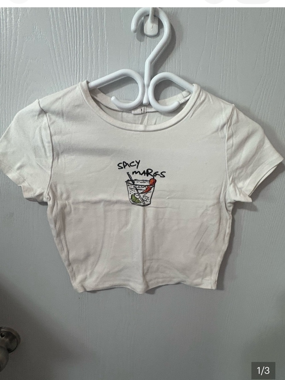 3 for $14 Garage White Cropped Tee with Spicy Marg Graphic size medium